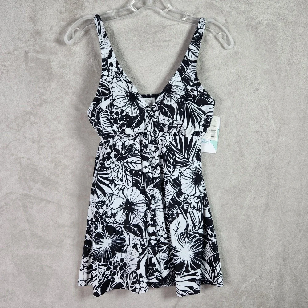 Swim Solutions Womens 10 Black Floral Flyaway Swimdress Tummy Control Resortwear - Picture 1 of 6